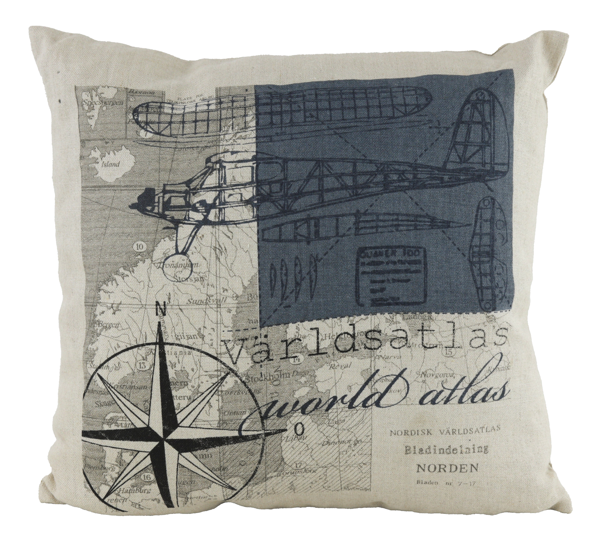 Vintage Atlas Pillow With Airplane Illustration and Compass Design