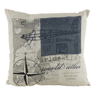 Vintage Atlas Pillow With Airplane Illustration and Compass Design For Sale