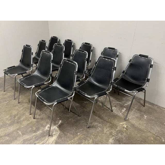 Black Leather Dining Chairs by Charlotte Perriand for Les Arcs, 1960s, Set of 12 For Sale - Image 3 of 10