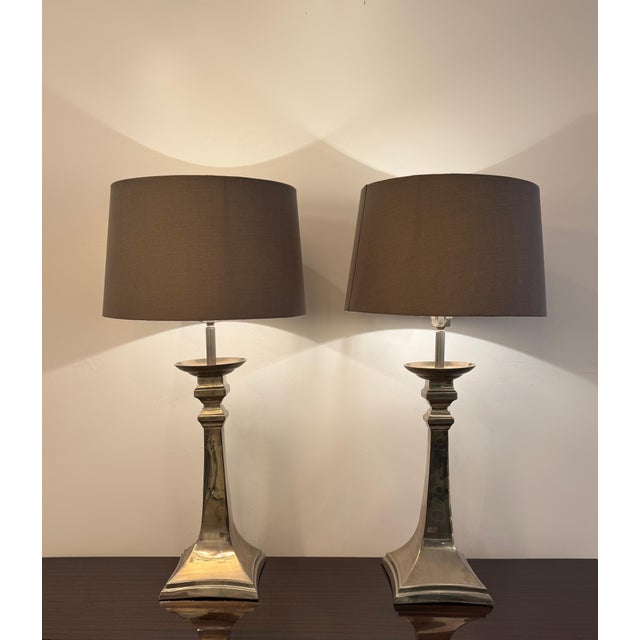 Silver Italian Neo-Classical Chrome Lamps with Silk Shades, 2000s, Set of 2 For Sale - Image 8 of 8