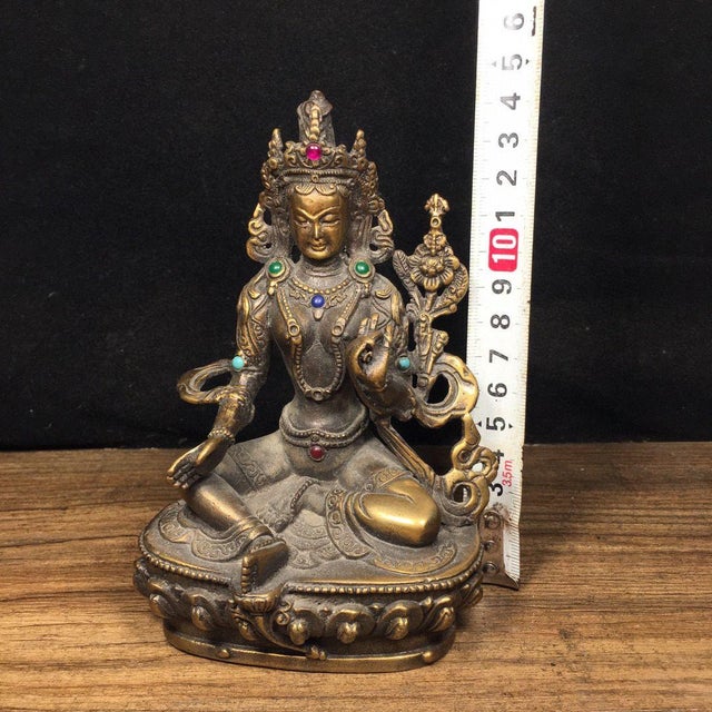 Vintage Bronze Green Tara Statue With Gemstone Inlays For Sale - Image 9 of 9
