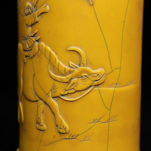 Vintage Chinese Faux Ivory "Boy on Buffalo" Carved Brush Pot - 530g For Sale - Image 4 of 10