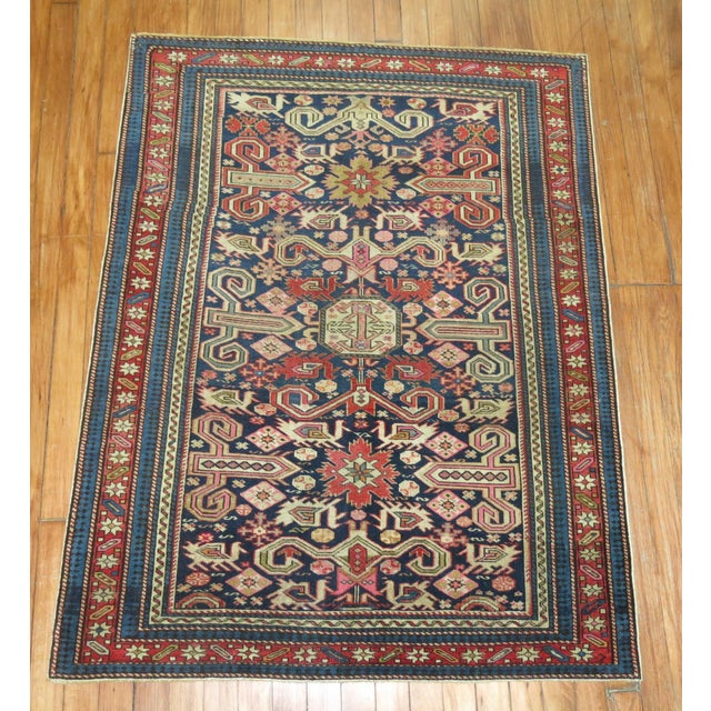 Persian Rare Navy Field Late 19th Century Antique Caucasian Shirvan Rug - 3'3" x 4'3" For Sale - Image 3 of 6