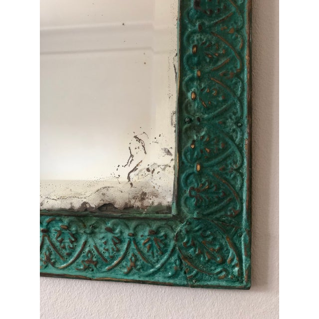 Antique Embossed Pressed-Metal (Tole) Mirror With a Green Patina Finish and Gilt Highlights Rococo For Sale - Image 6 of 10