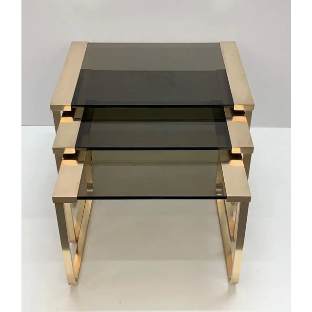 Mid-Century Solid Brass and Smoked Glass Interlocking Side Tables, 1970s, Set of 3 For Sale - Image 13 of 16