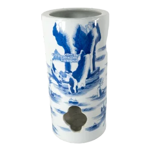 20th Century Chinese Chinoiserie Blue and White Hat Stand Vase With Landscapes