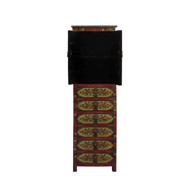 Chinese Tibetan Flower Graphic Tall Slim Multi Drawers Cabinet