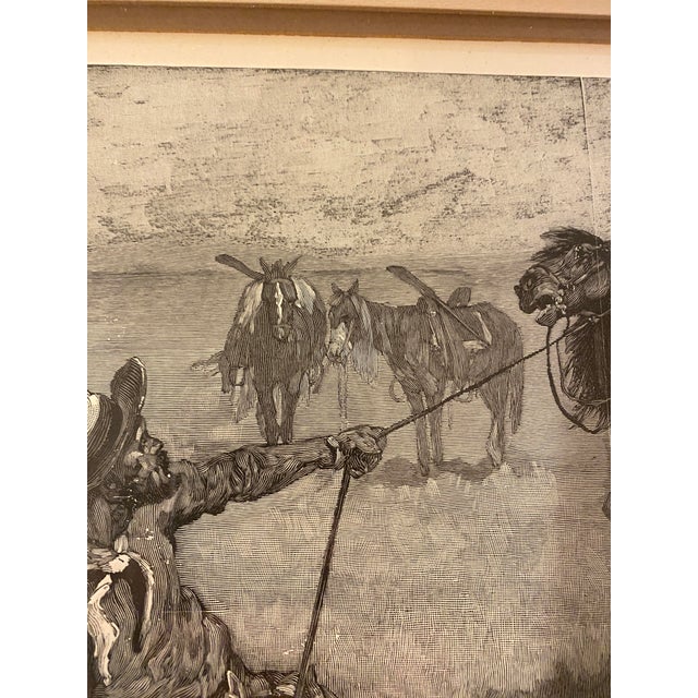 1970s 1970s Frederic Remington Wood Engraving "Teaching a Mustang Pony to Pack Dead Game" Western Cowboys Horses For Sale - Image 5 of 10