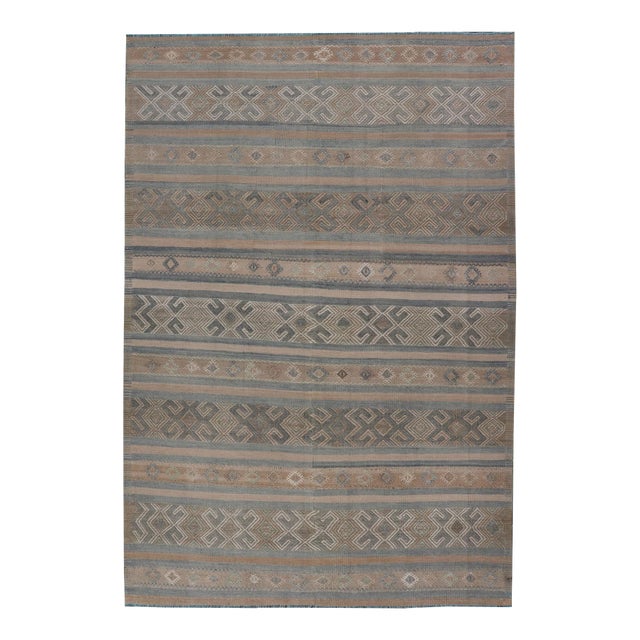 Vintage Turkish Kilim Rug With Horizontal Stripes in Taupe and Neutral Colors For Sale