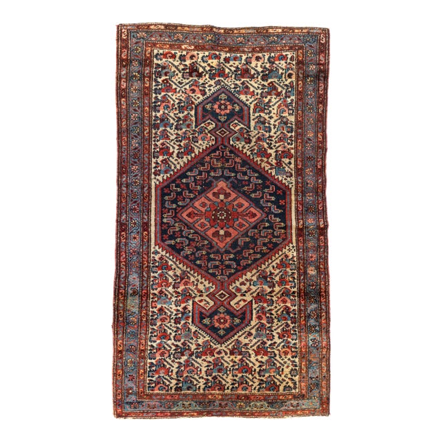 1900-1910s Ivory Navy Light Blue Persian Tribal Malayer Rug For Sale