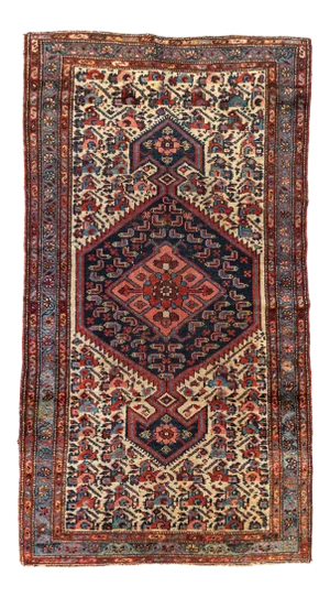 1900-1910s Ivory Navy Light Blue Persian Tribal Malayer Rug