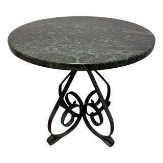 Vintage Verde Marble Round Side Table With Wrought Iron Scrollwork, c.1940s For Sale