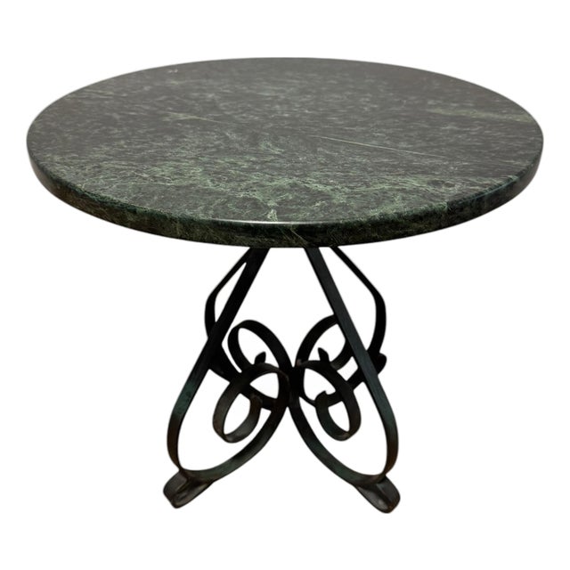 Vintage Verde Marble Round Side Table With Wrought Iron Scrollwork, c.1940s For Sale