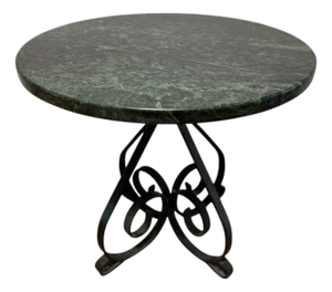 Vintage Verde Marble Round Side Table With Wrought Iron Scrollwork, c.1940s