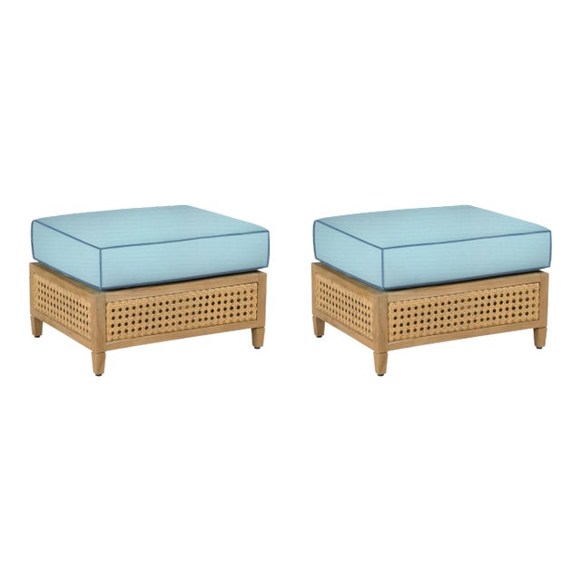 Keys Ottoman, Canvas Mineral Blue with Sapphire Blue Welt, Pair For Sale