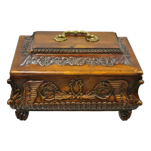 Late 20th Century French Empire Rococo Style Carved Mahogany Paw Foot Jewelry Vanity Trinket Box For Sale