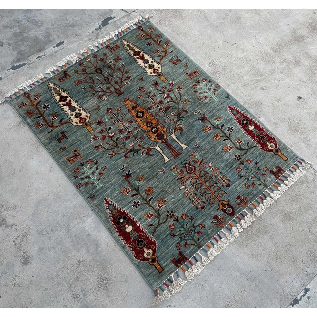 Modern Small Persian Tree of Life Rug – Hand-Knotted Wool, 2.9x3.6 Ft, Aqua & Jewel Tones For Sale - Image 3 of 18