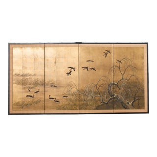 Japanese Showa Four-Panel Screen Wild Geese Autumn Landscape For Sale