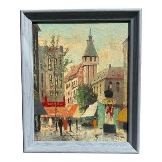 Vintage Mid 20th Century Framed Impressionist Oil on Canvas Painting “Bustling Paris Street Scene” by Artist Bernard Dufour For Sale