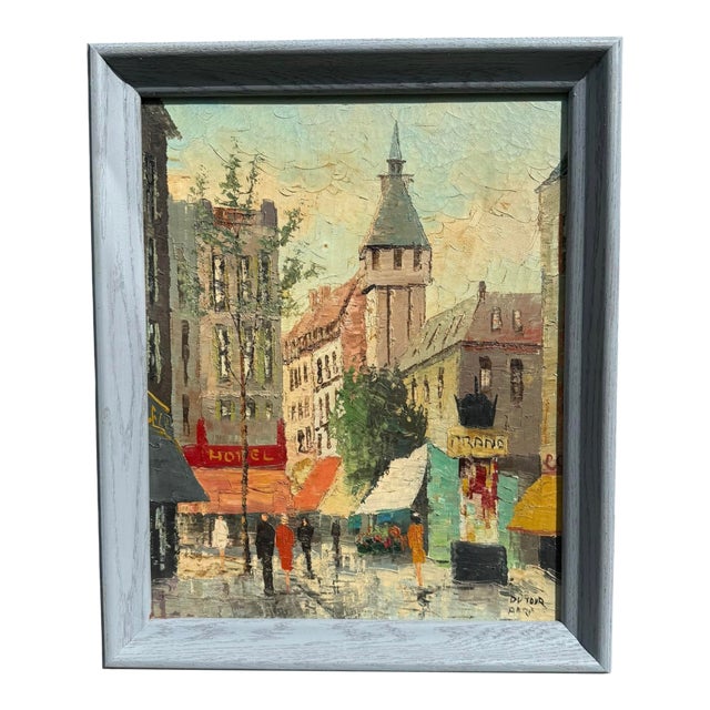 Vintage Mid 20th Century Framed Impressionist Oil on Canvas Painting “Bustling Paris Street Scene” by Artist Bernard Dufour For Sale