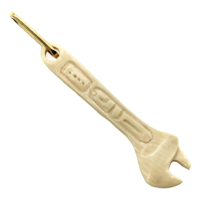 1990s Fossilized Mammoth Tusk Wrench Charm With 14k Gold Bail For Sale