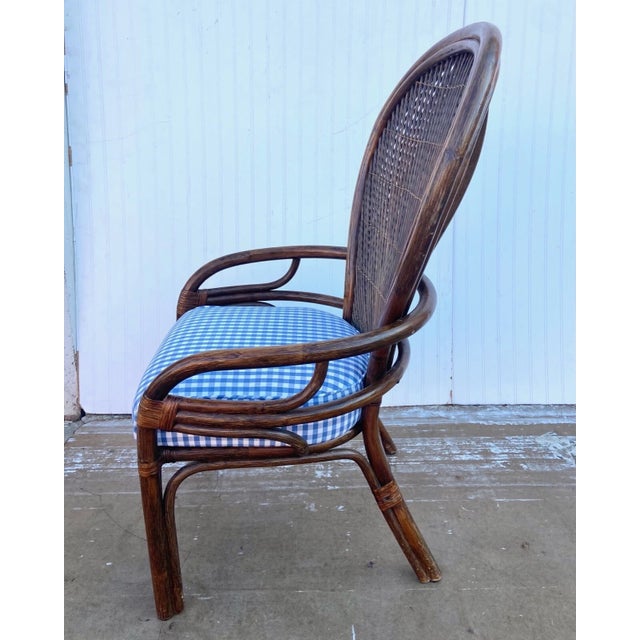 Boho Bentwood Rattan and Cane Chair With Blue Gingham Cushion For Sale - Image 4 of 4