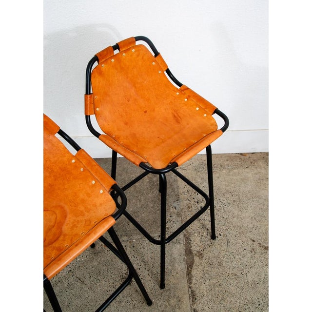 Tan 1960s Mid Century Modern Bar Stools Set 3 Cognac Tan Leather Charlotte Perriand Arcs For Sale - Image 8 of 12