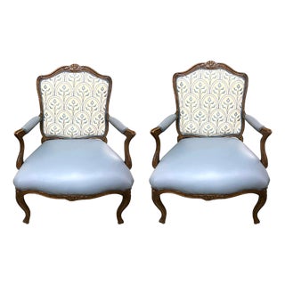 Mid 20th Century Schoonbeck of Grand Rapids Louis XV Oak Fauteuils With New Leather and Embroidery Upholstery - A Pair For Sale