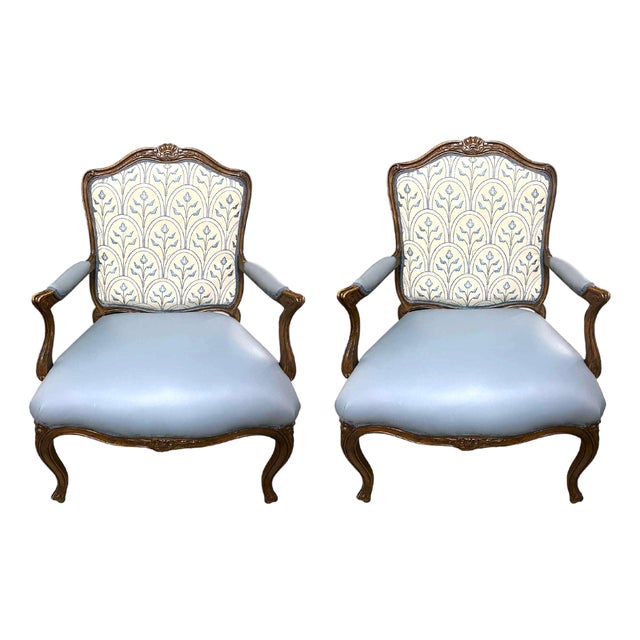 Mid 20th Century Schoonbeck of Grand Rapids Louis XV Oak Fauteuils With New Leather and Embroidery Upholstery - A Pair For Sale