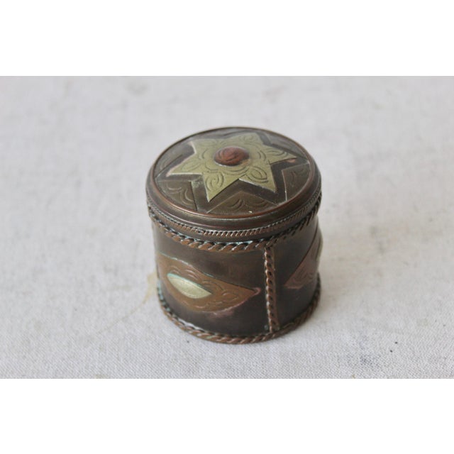 Metal Vintage Spanish Style Cylindrical Brass Copper White Metal Lidded Container With Patina Star Detail For Sale - Image 7 of 9