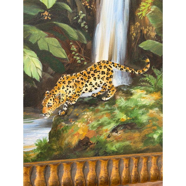 Gold Signed Tropical Leopard Waterfall Acrylic Painting in Carved Gilt Wood Frame For Sale - Image 8 of 12