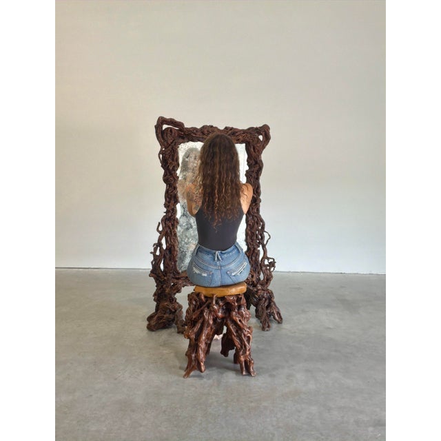 Vintage Freestanding Floor Mirror in Sculpted Tree Root Burl Frame With Stool For Sale - Image 4 of 12
