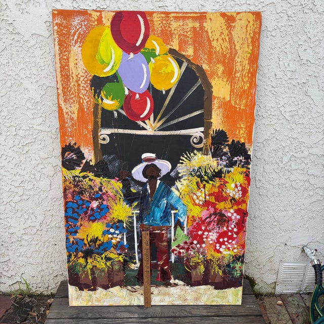 1960s Paul Blaine Henrie “The Balloon Vendor” Large Mid-Century Oil Painting, 30x48 For Sale - Image 18 of 18