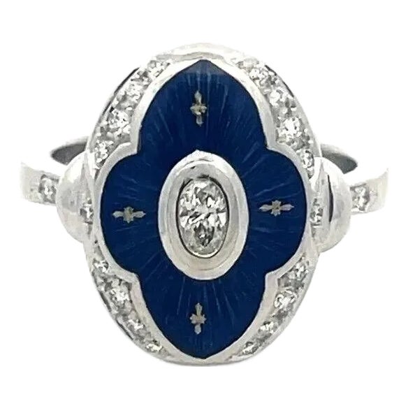 Fabergé Diamond Gold Ring Guilloche Enamel Oval 18k White Germany Ltd Ed. For Sale