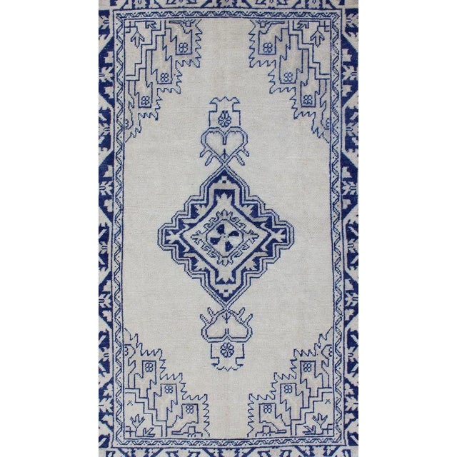 Vintage Turkish Oushak Rug Featuring Deep Indigo and Ivory Geometric Medallion For Sale - Image 4 of 12
