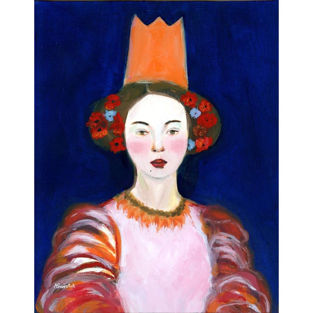 Mid-Century Modern Lady With Orange Crown, Contemporary Portrait Oil Painting by Alexandra Swistak For Sale - Image 3 of 4