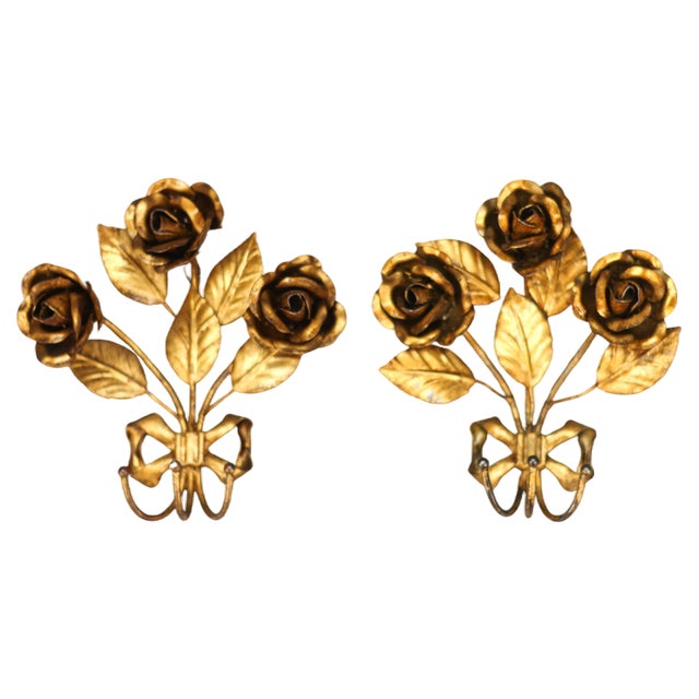 Italian Gilt Metal Rose Coat Hooks, 1960s, Set of 2 For Sale