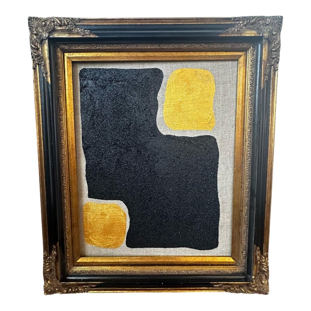 Gold and Carbon Painting on Spanish Linen Minimalist Painting 3, Framed For Sale