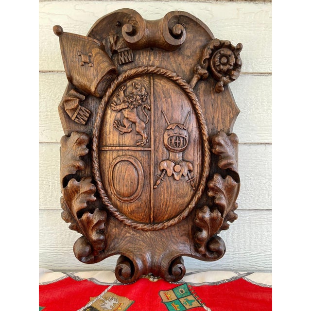 Gothic Antique French Gothic Wall Plaque Coat of Arms Carved Oak Renaissance C1890 For Sale - Image 3 of 18