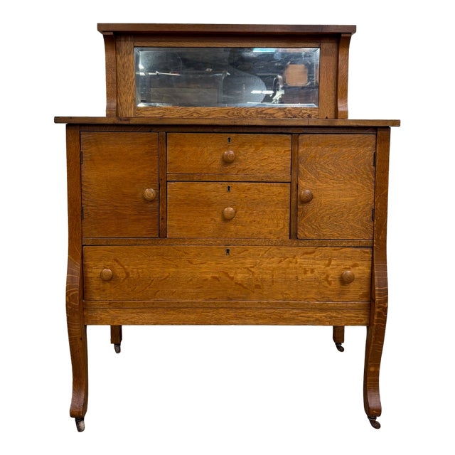 Antique Arts & Crafts Quarter Sawn White Oak Buffet With Beveled Mirror For Sale
