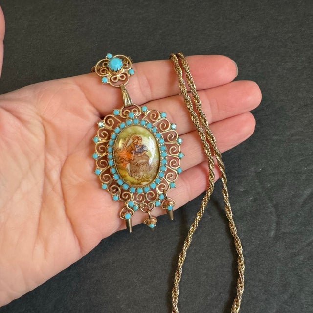 Juliana Vintage Juliana D & E Necklace Book Piece Courting Couple Transfer Cabochon Turquoise Vintage 60s For Sale - Image 4 of 12