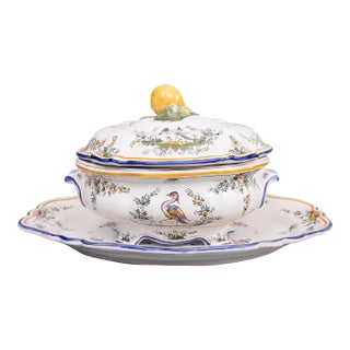 Antique French Renoleau Faience Pear Lidded Bird Soup Tureen With Platter For Sale