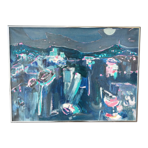 1980s Framed Oil Painting of Mexican Nightscape by Molly Schiff