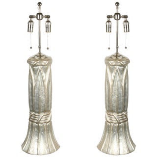 1970s Arts and Crafts Glazed Silver Leaf Finish Table Lamps - a Pair For Sale