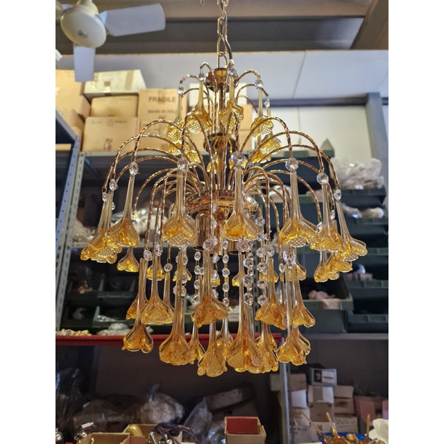 Glass Vintage Gold Rain Chandelier with Crystals and Murano Glass Flowers, Italy, 1966 For Sale - Image 7 of 15