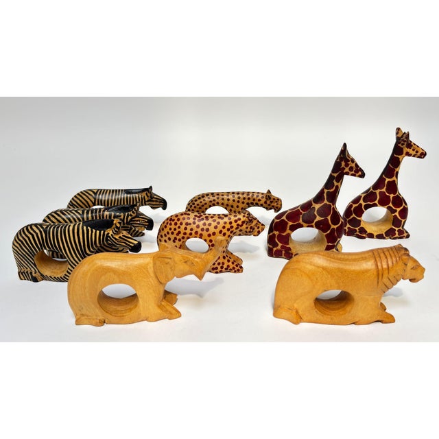African Set of 9 Kenyan Hand-Carved Safari Animal Napkin Rings, African Mahogany For Sale - Image 3 of 8