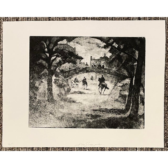 William Meyerowitz (1893-1981) etching on paper of people riding horses in a city park. Printed by Allen Sloane...