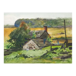 1922 Egbert Cadmus New England Farmhouse Landscape Watercolor Painting