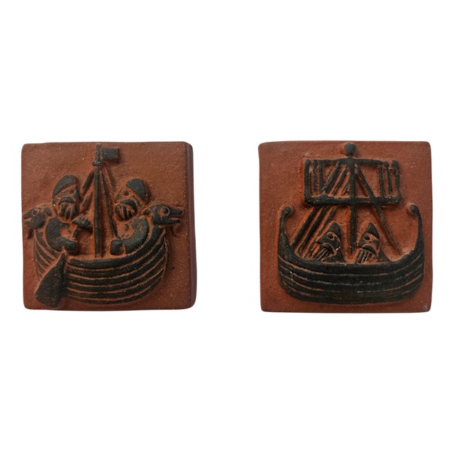 Mid-Century Ceramic Tiles with Viking Motifs from Thyssen, 1960s, Set of 2 For Sale