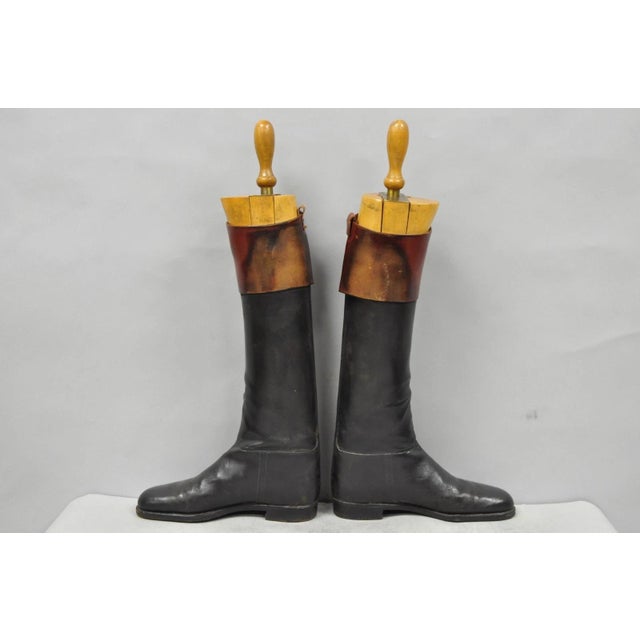 Vintage Maxwell London English Leather Black & Brown Horse Riding Boots W/ Trees For Sale - Image 11 of 18